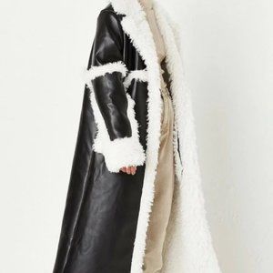 Premium Black Faux Leather Faux Mongolian Fur Maxi Coat